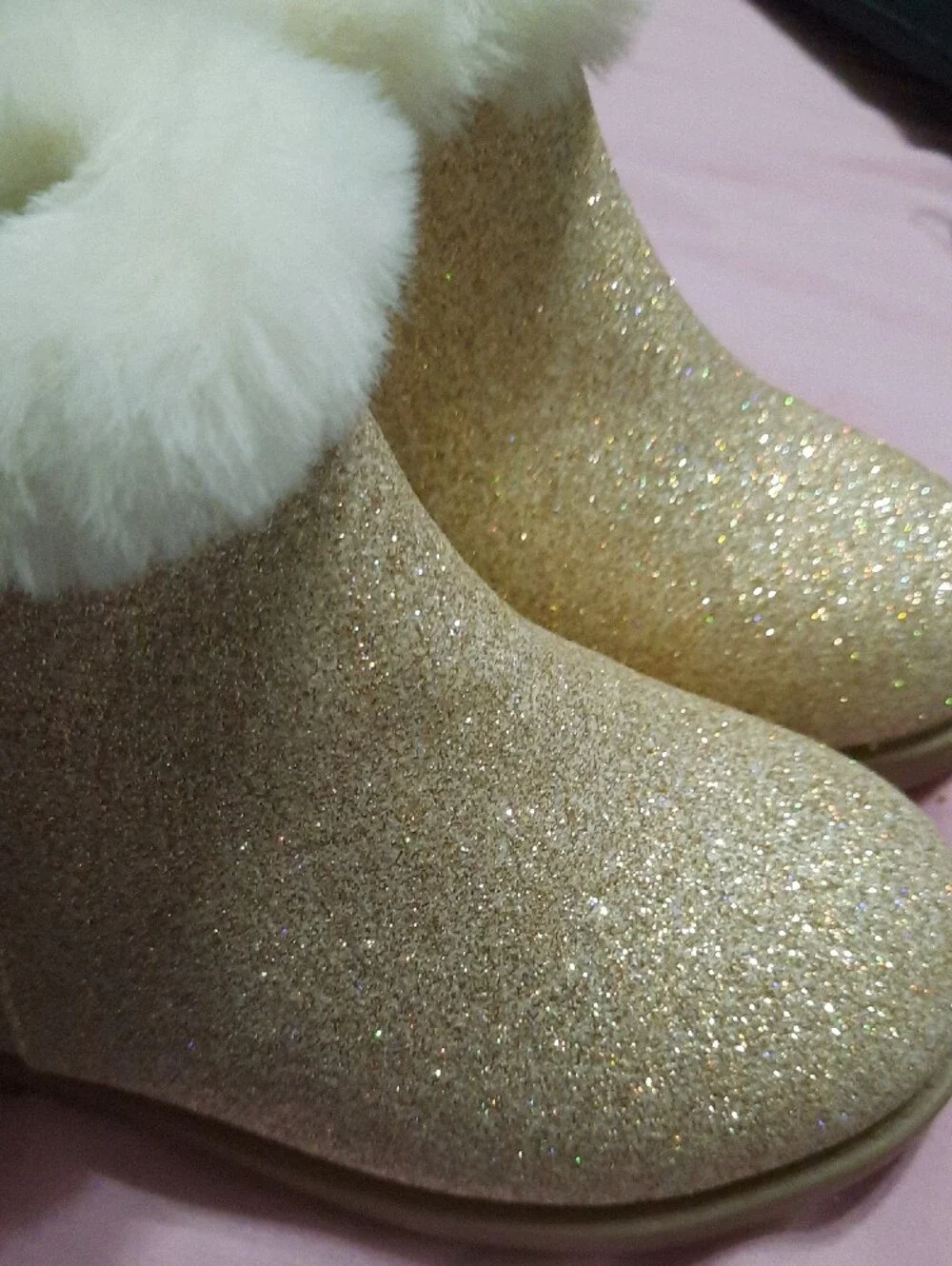 Girls Glitter Ankle Boots with Plush Faux Fur Trim - Gold